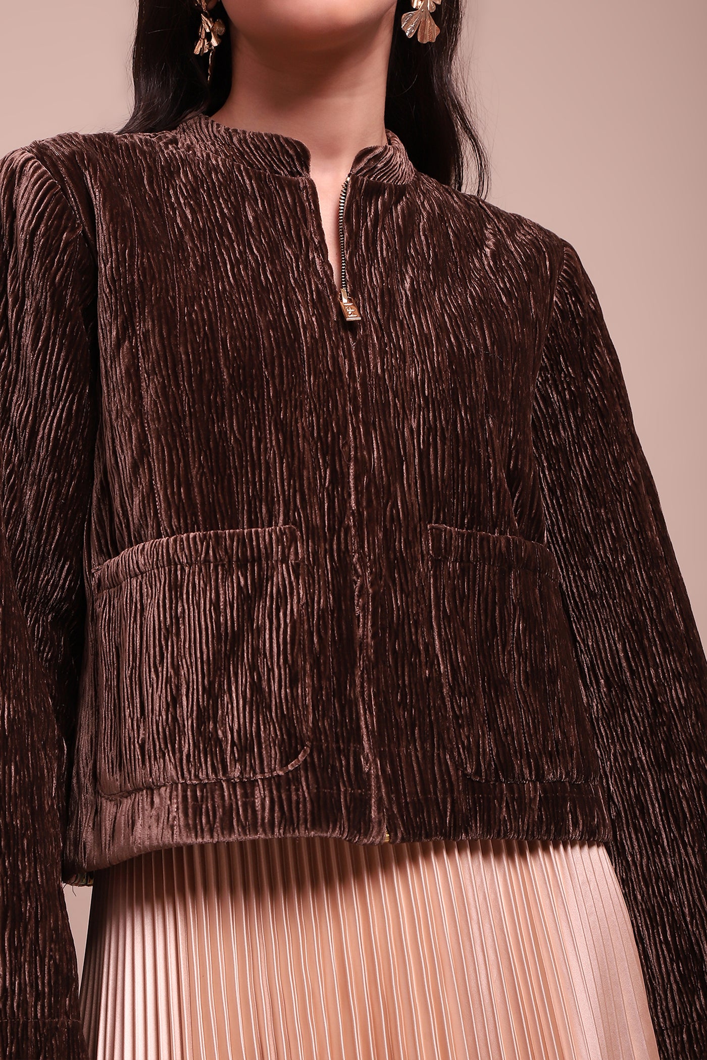 Label Ritu Kumar Brown Caren Velvet Jacket indian designer wear online shopping melange singapore