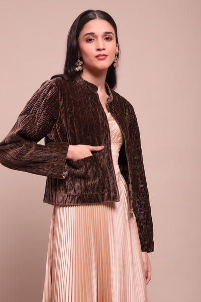 Label Ritu Kumar Brown Caren Velvet Jacket indian designer wear online shopping melange singapore