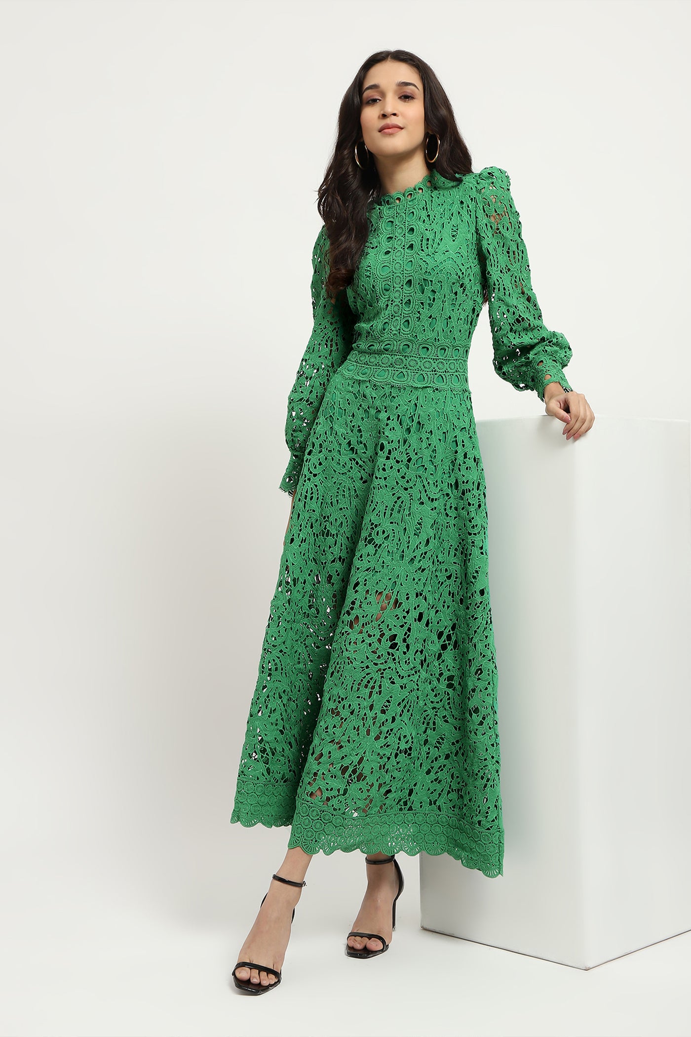 Label Ritu Kumar Green Aaron Lace Long Dress indian designer wear online shopping melange singapore