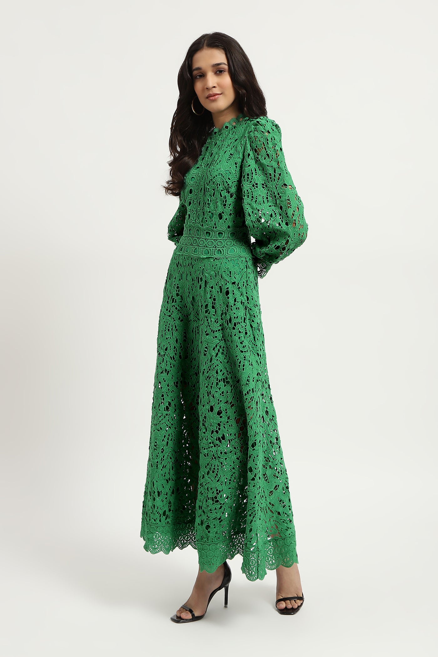 Label Ritu Kumar Green Aaron Lace Long Dress indian designer wear online shopping melange singapore