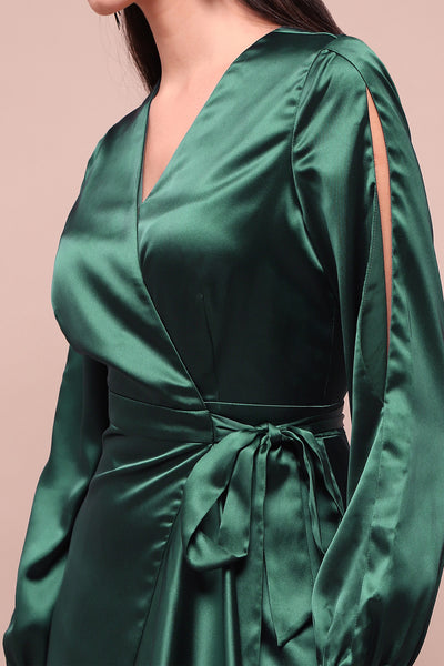 Label Ritu Kumar Green Isla Satin Wrap Dress indian designer wear online shopping melange singapore