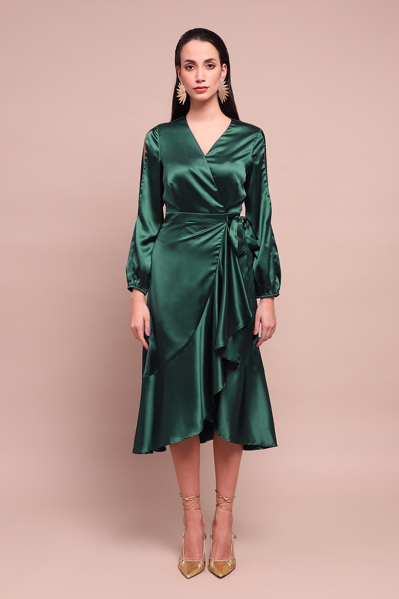 Label Ritu Kumar Green Isla Satin Wrap Dress indian designer wear online shopping melange singapore