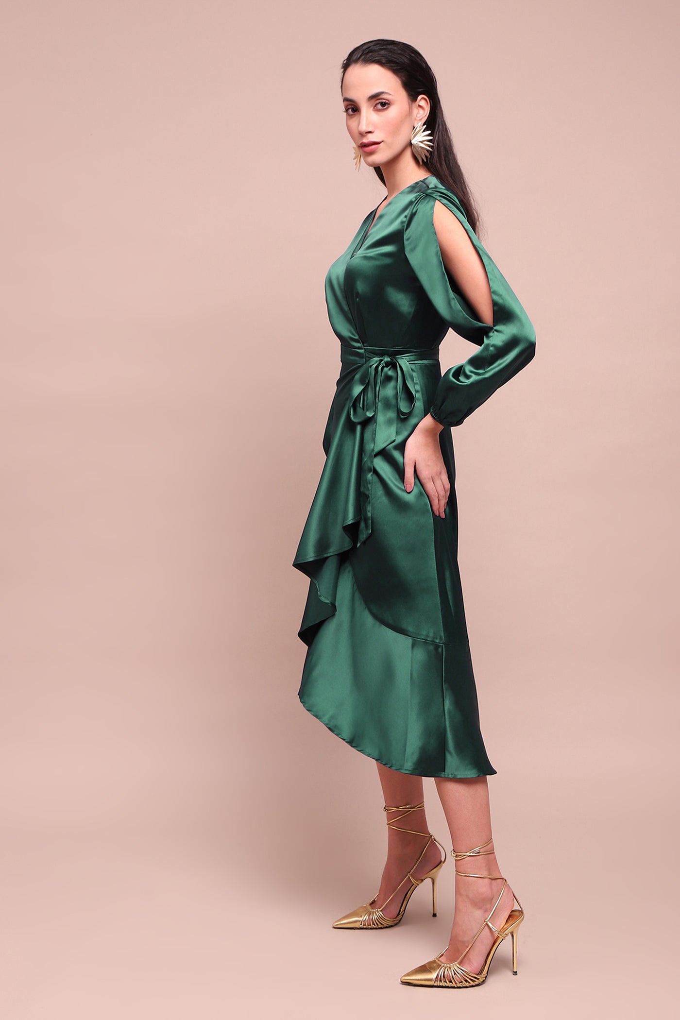 Label Ritu Kumar Green Isla Satin Wrap Dress indian designer wear online shopping melange singapore