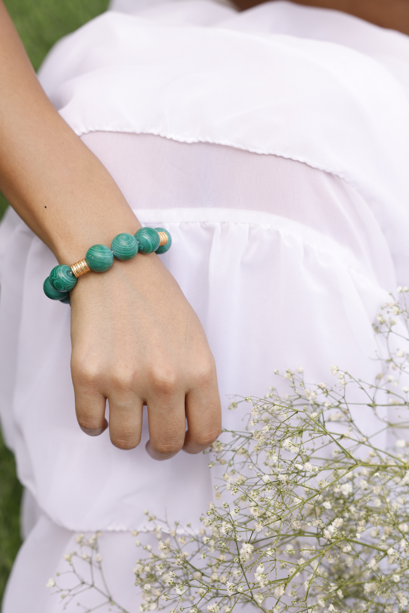 MNSH Bohême Beads Malachite Ball Bracelet Womenswear Green Gold Resort Melange Singapore Gifting Online Shopping Destination Weddings Indian Designer Wear