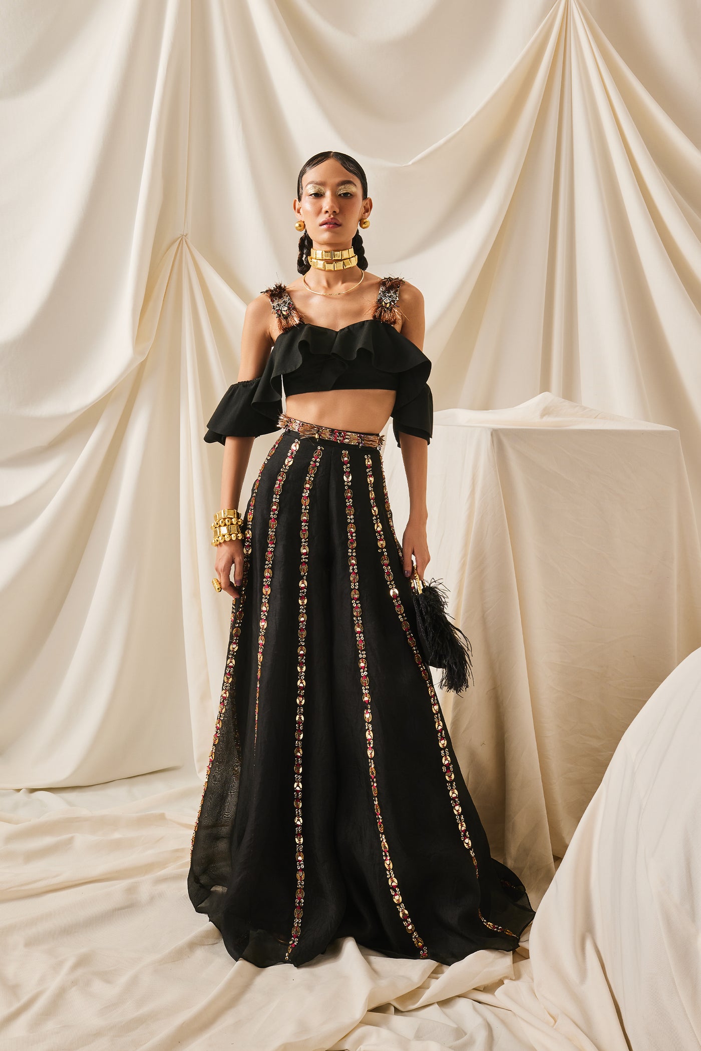 Maison Blu Black Ruffle Crop Top Set indian designer wear online shopping melange singapore