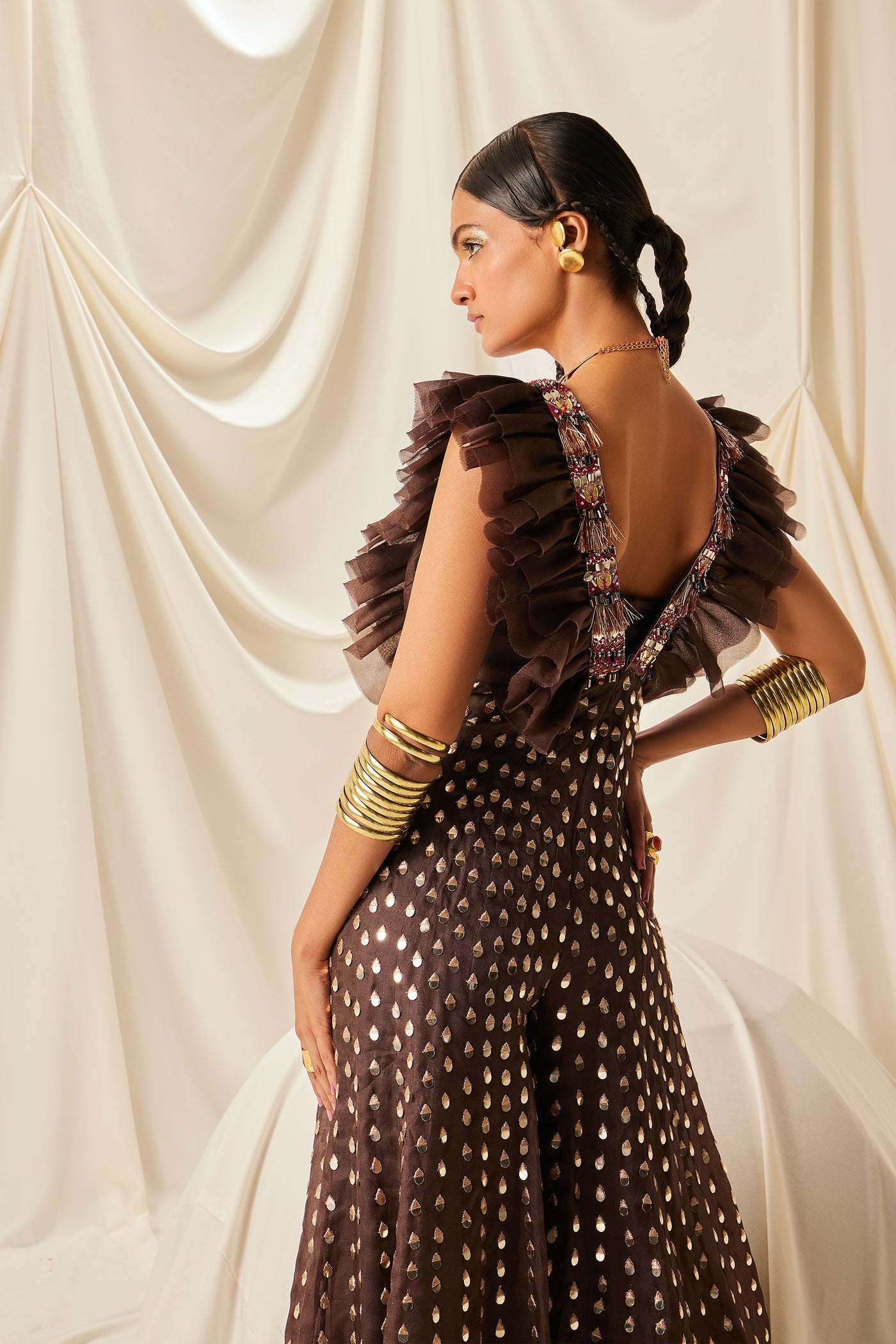 Maison Blu Brown Fully Embelished Ruffle Jumpsuit indian designer wear online shopping melange singapore