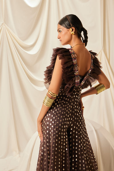 Maison Blu Brown Fully Embelished Ruffle Jumpsuit indian designer wear online shopping melange singapore