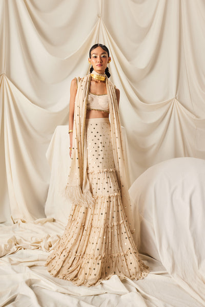 Maison Blu Ivory Sequence Tiered Saree Set indian designer wear online shopping melange singapore