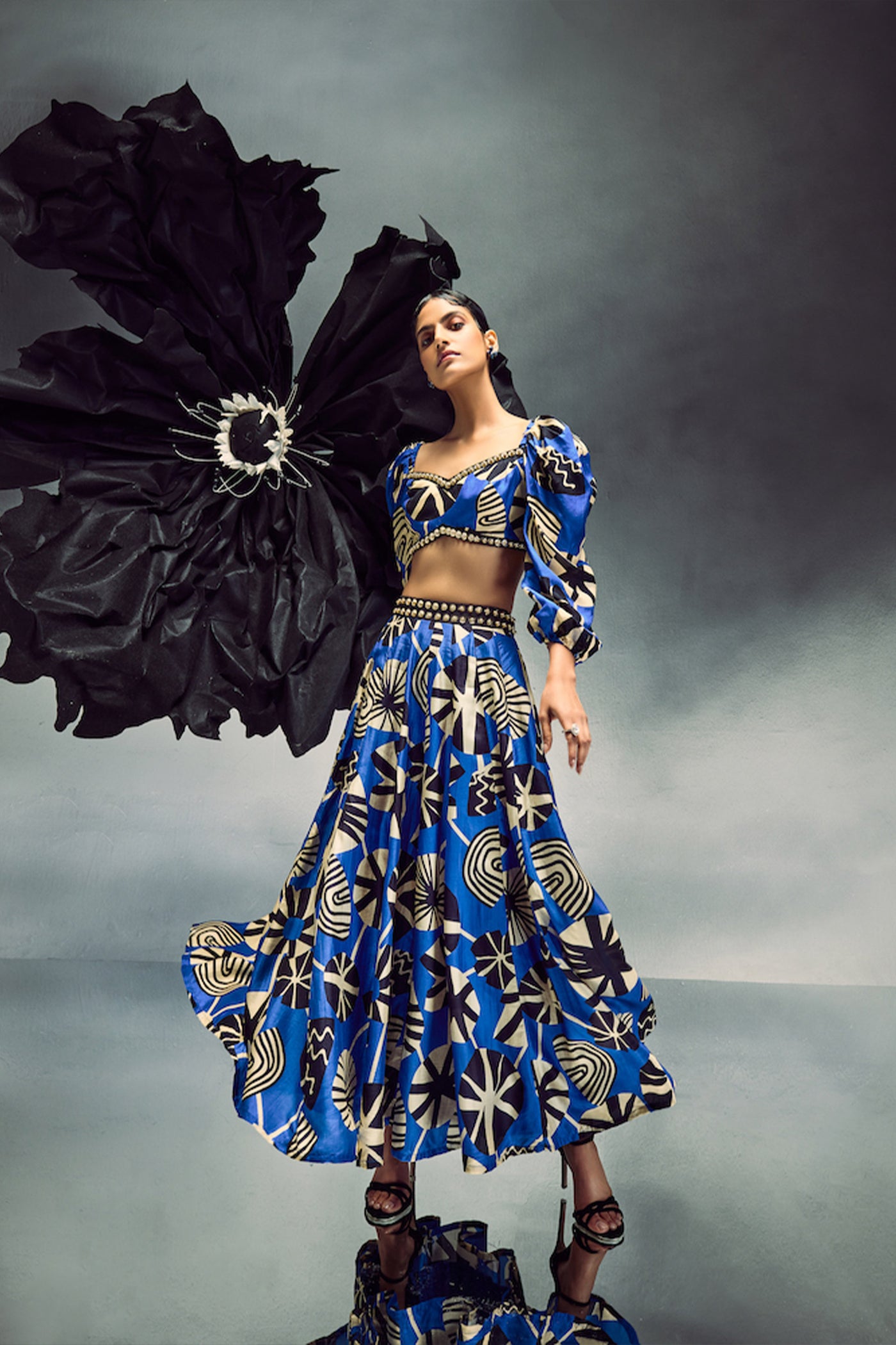 Maison Blu Poofy Sleeves Studded Crop With Ankle Length Skirt indian designer wear online shopping melange singapore