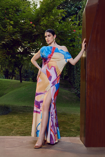 Mandira Wirk Blue Modern Abstract One Shoulder Dress indian designer wear online shopping melange singapore