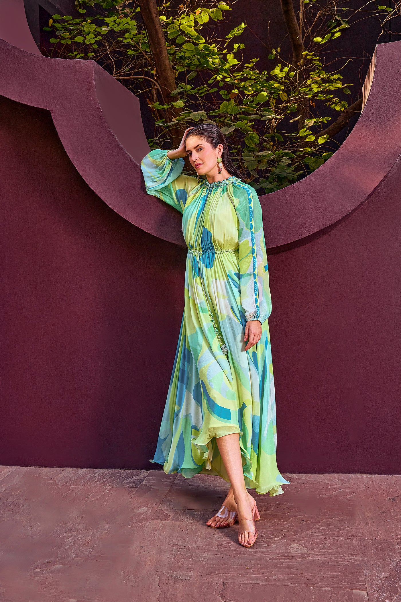 Mandira Wirk Green Abstract Geo Dress indian designer wear online shopping melange singapore