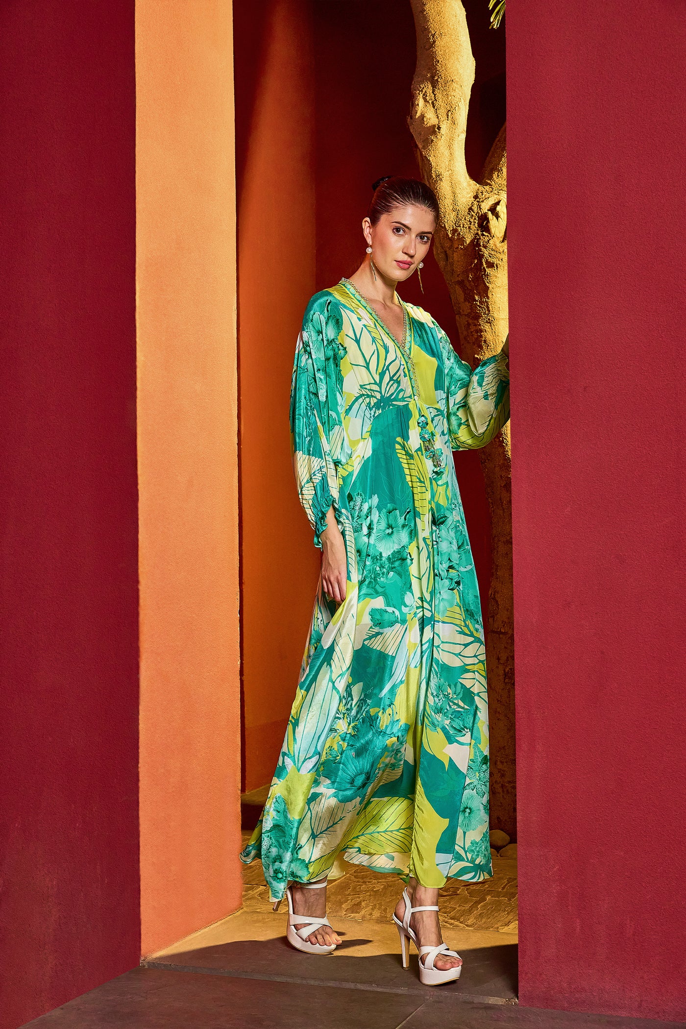 Mandira Wirk Green Hues Kaftan Dress indian designer wear online shopping melange singapore
