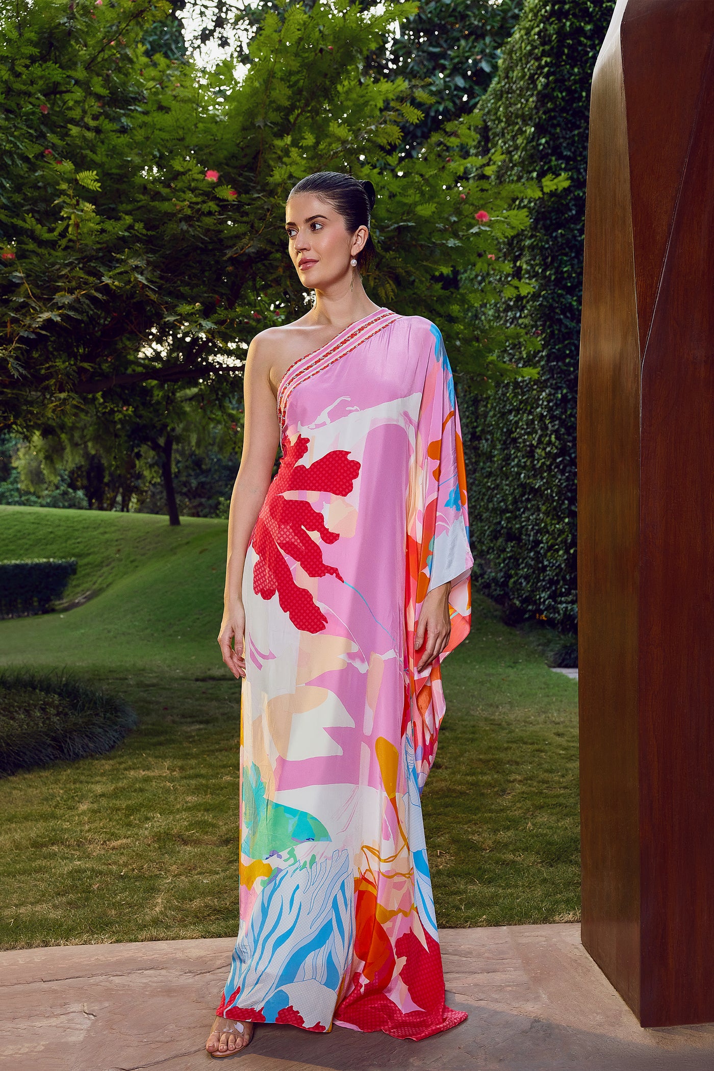 Mandira Wirk Paradise Hues One-Shoulder Kaftan indian designer wear online shopping melange singapore