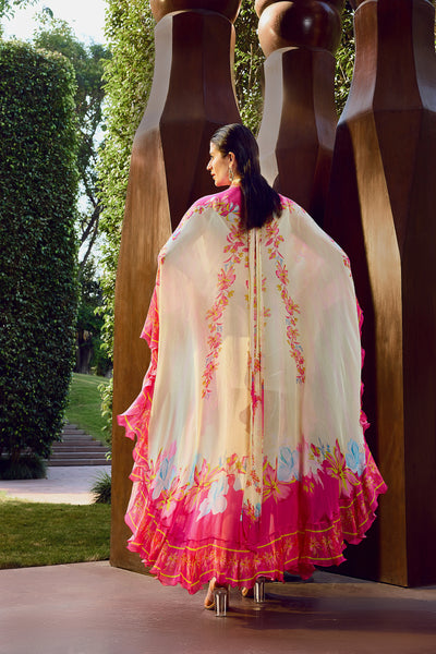 Mandira Wirk Pink Floral Placement Ruffle Kaftan indian designer wear online shopping melange singapore