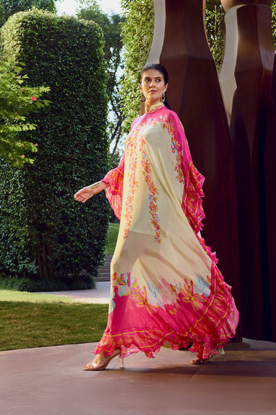 Mandira Wirk Pink Floral Placement Ruffle Kaftan indian designer wear online shopping melange singapore