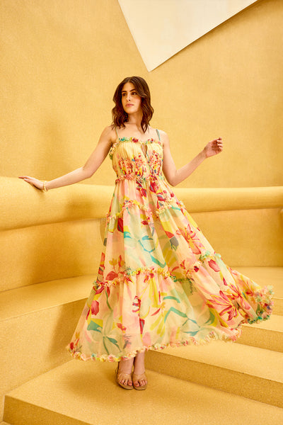 Mandira Wirk Pink Florid Ruffle Maxi Dress indian designer wear online shopping melange singapore