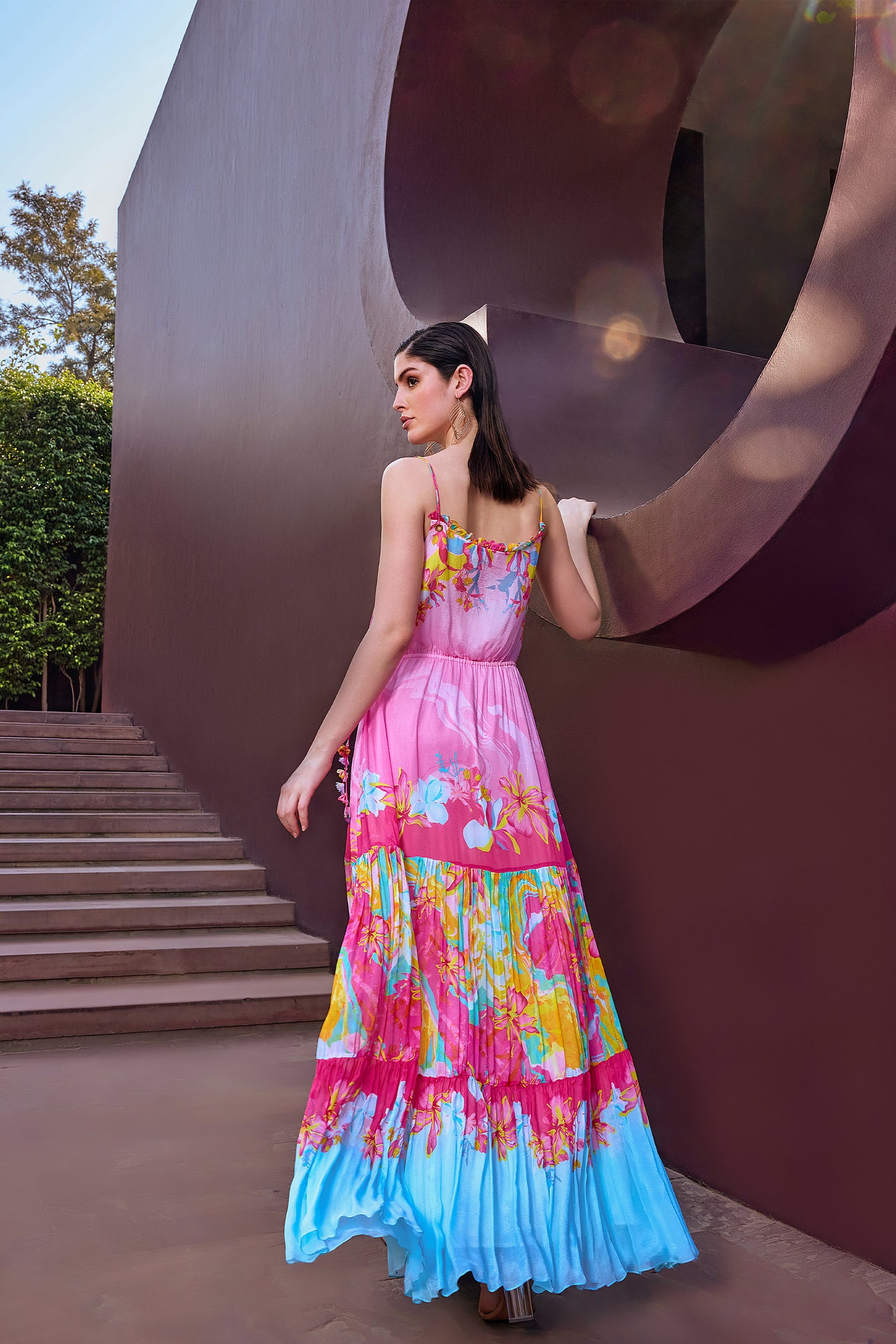 Mandira Wirk Pink Placement Tiered Maxi Dress indian designer wear online shopping melange singapore