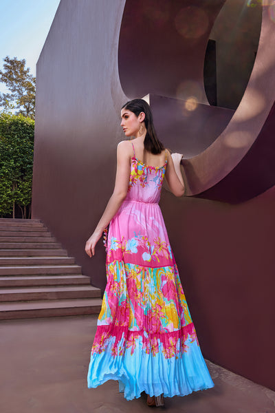 Mandira Wirk Pink Placement Tiered Maxi Dress indian designer wear online shopping melange singapore