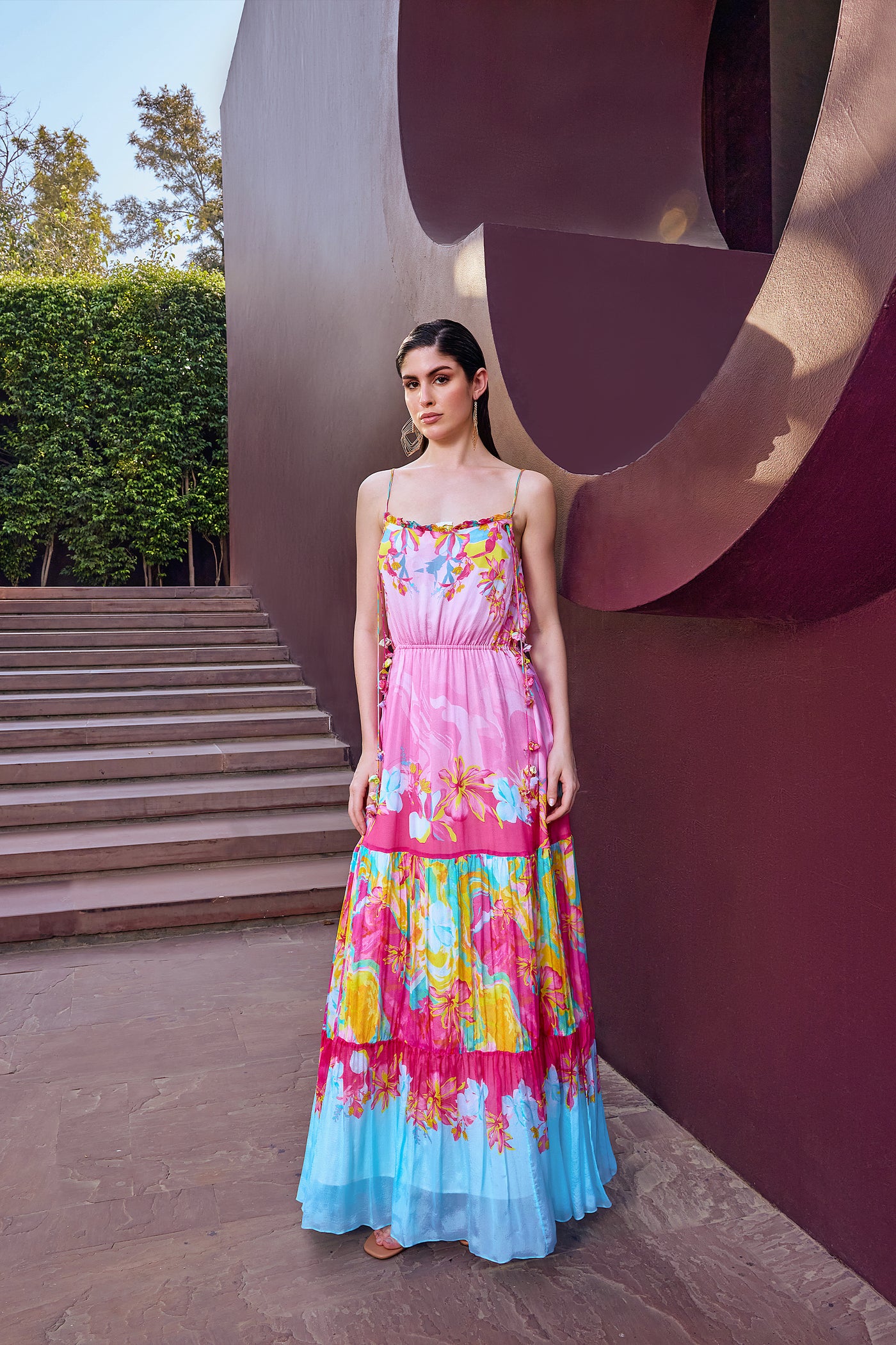 Mandira Wirk Pink Placement Tiered Maxi Dress indian designer wear online shopping melange singapore