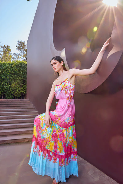 Mandira Wirk Pink Placement Tiered Maxi Dress indian designer wear online shopping melange singapore