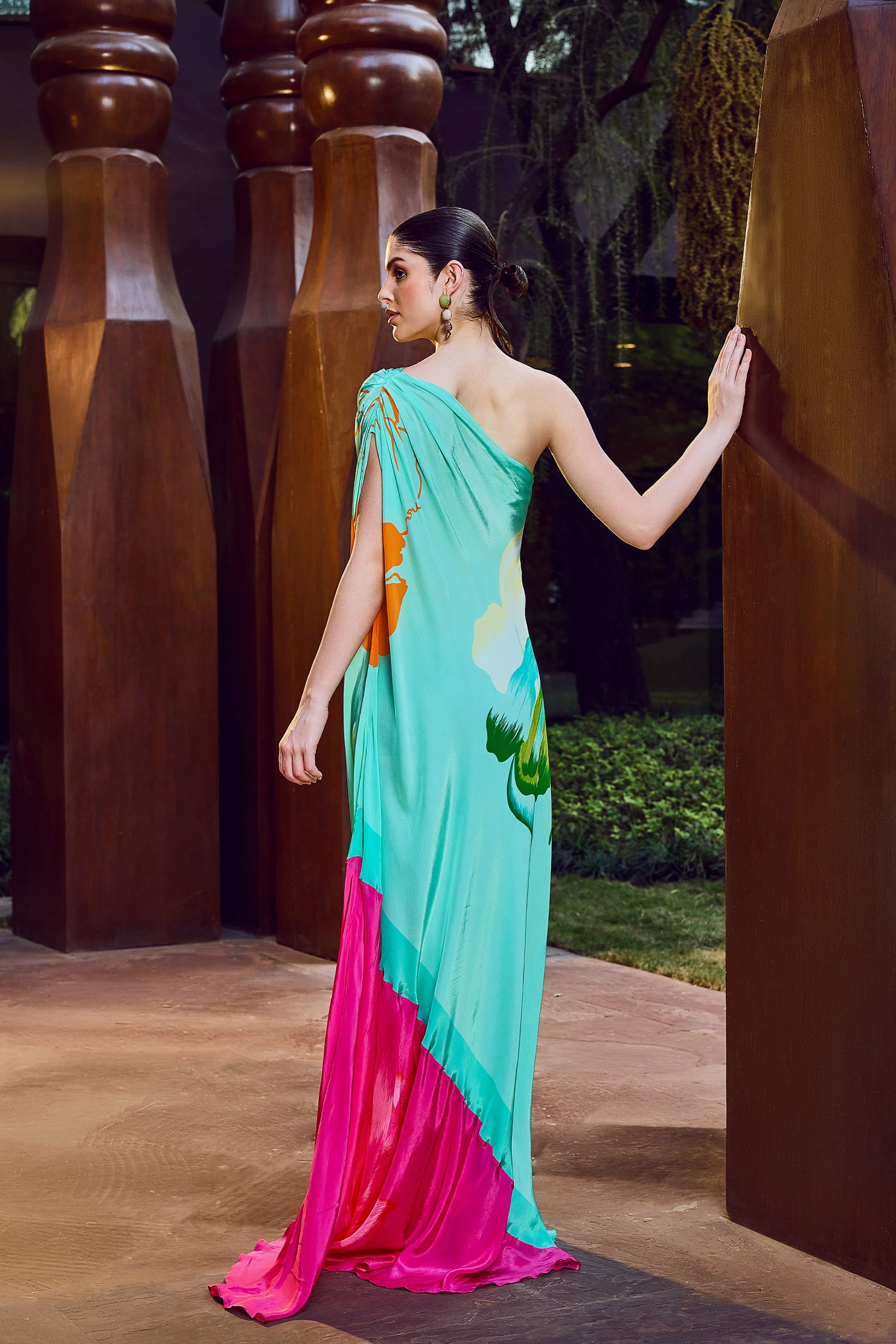 Mandira Wirk Placement One-Shoulder Kaftan indian designer wear online shopping melange singapore
