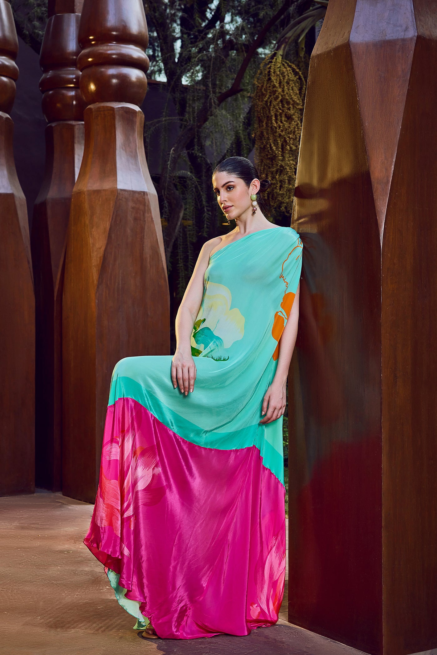 Mandira Wirk Placement One-Shoulder Kaftan indian designer wear online shopping melange singapore
