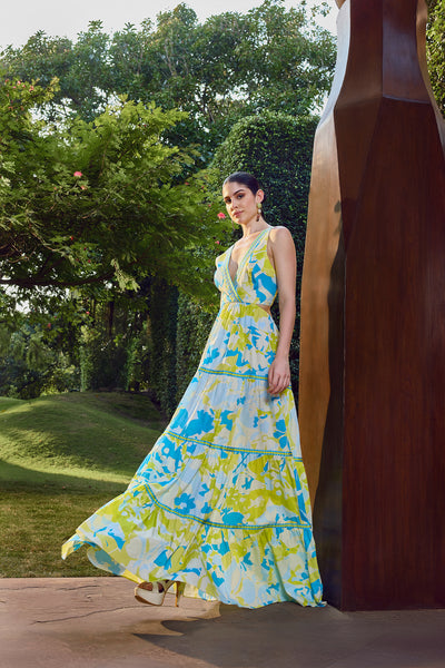 Mandira Wirk Printed Plunge Backless Maxi Dress indian designer wear online shopping melange singapore