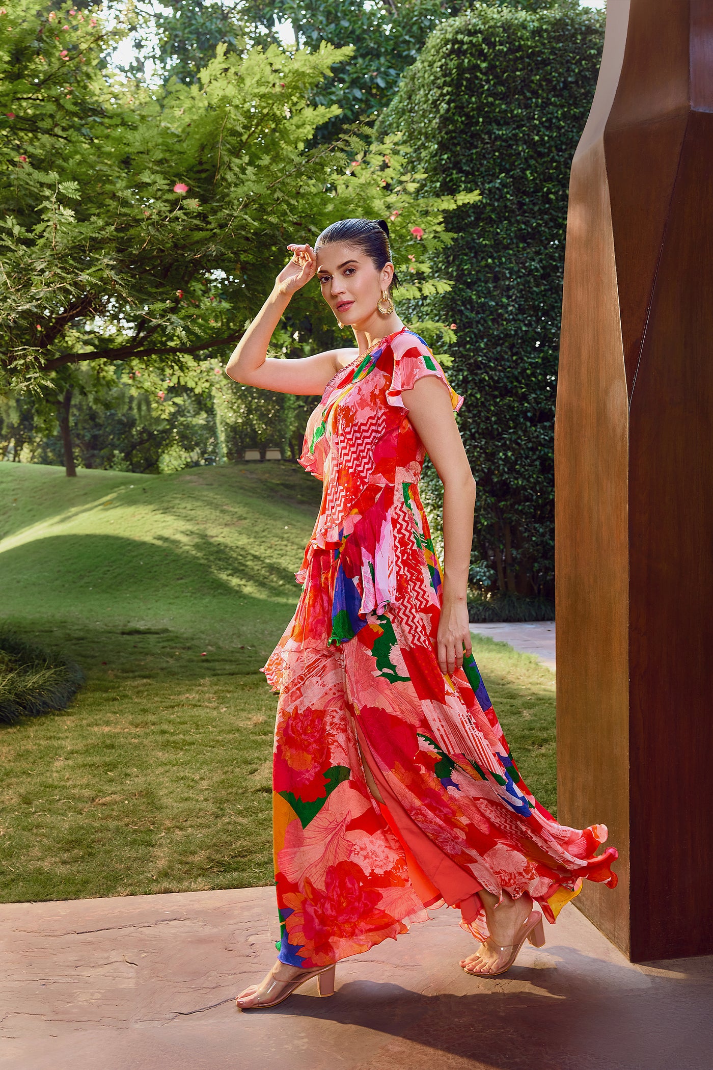 Mandira Wirk Red Floral Ruffle Maxi Dress indian designer wear online shopping melange singapore