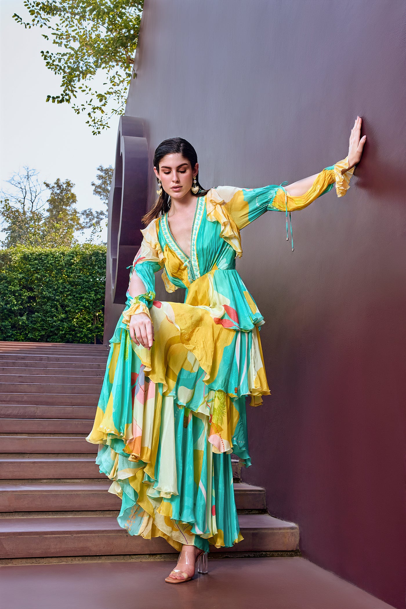 Mandira Wirk Turquoise Eucalyptus Layer Dress indian designer wear online shopping melange singapore