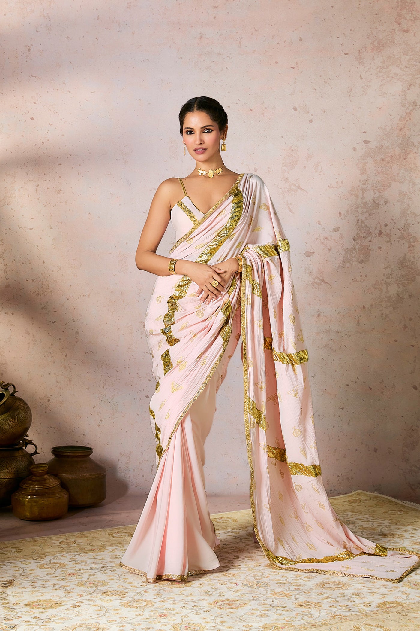 Masaba Baby Pink Potters Touch Gota Saree indian designer wear online shopping melange singapore