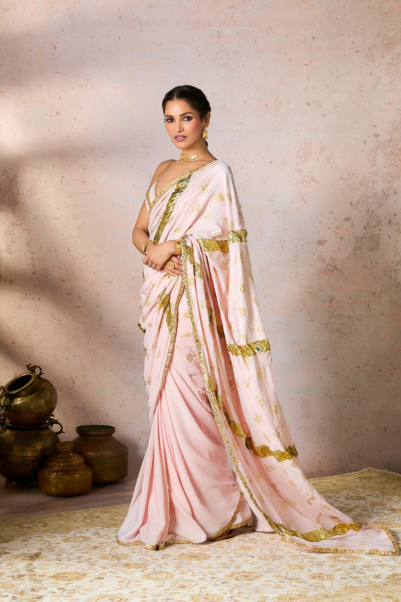 Masaba Baby Pink Potters Touch Gota Saree indian designer wear online shopping melange singapore