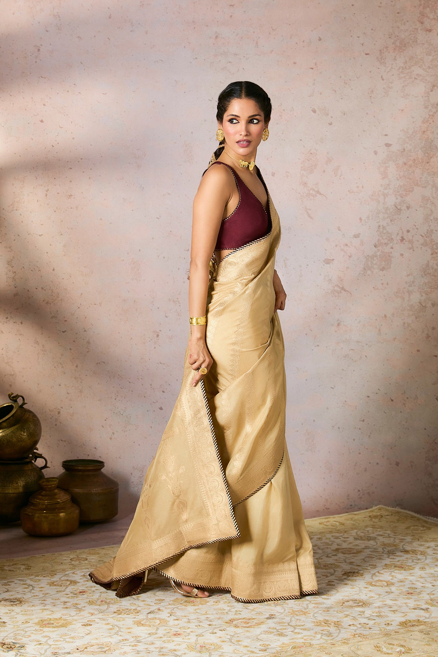 Masaba Beige Jacquard Saree indian designer wear online shopping melange singapore