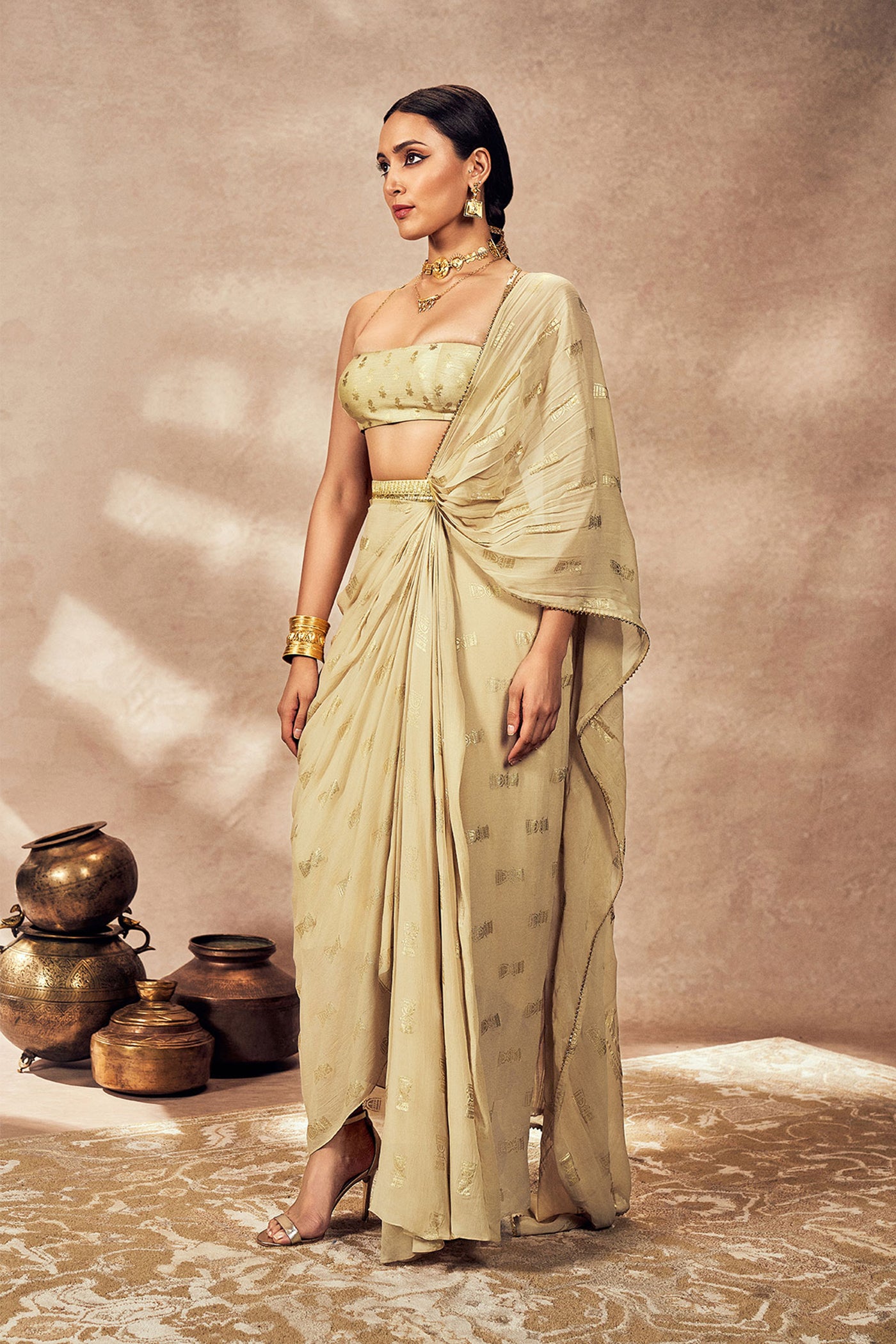 Masaba Beige Timber Tribe Drape Saree indian designer wear online shopping melange singapore