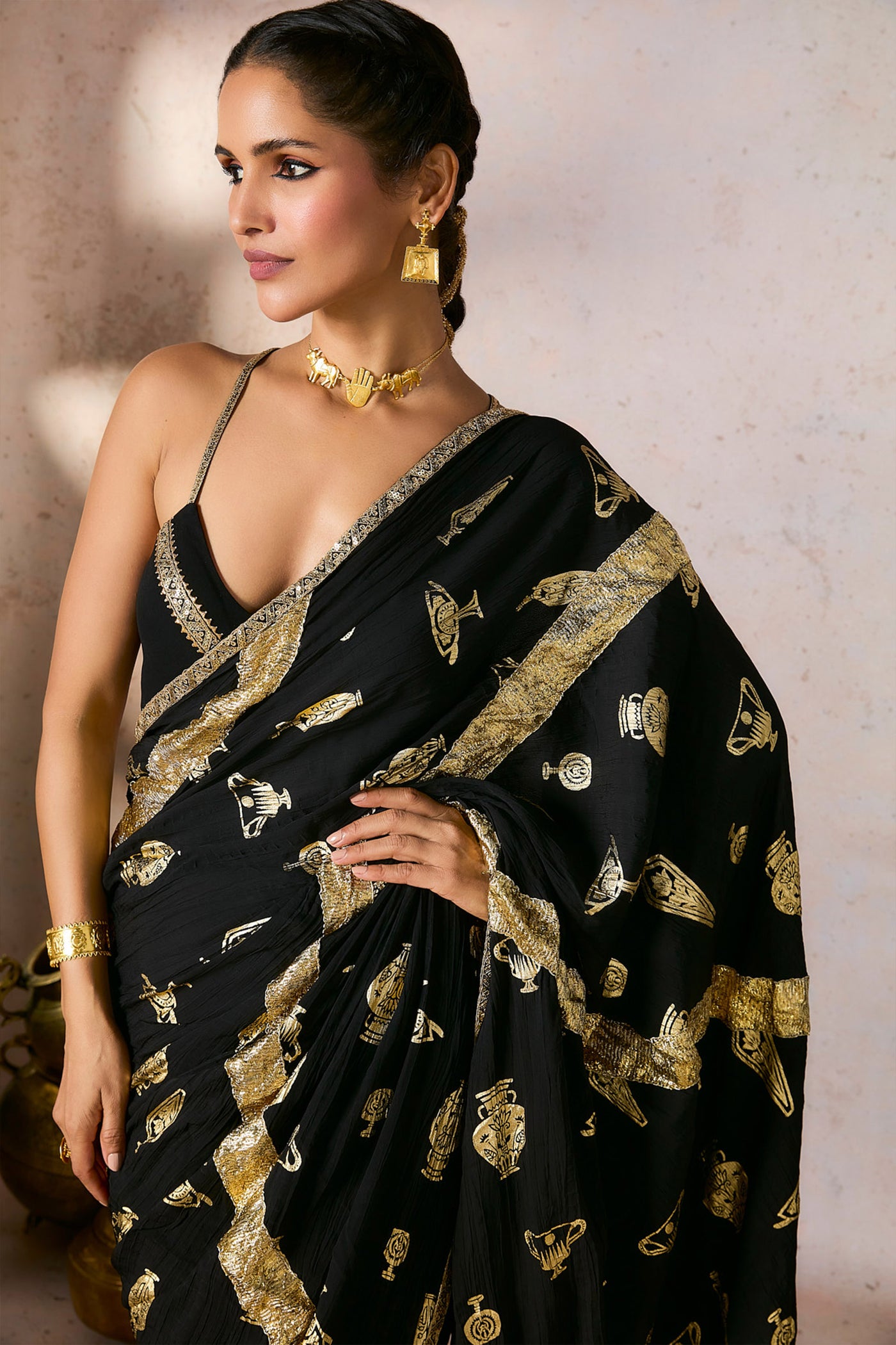 Masaba Black Potters Touch Gota Saree indian designer wear online shopping melange singapore