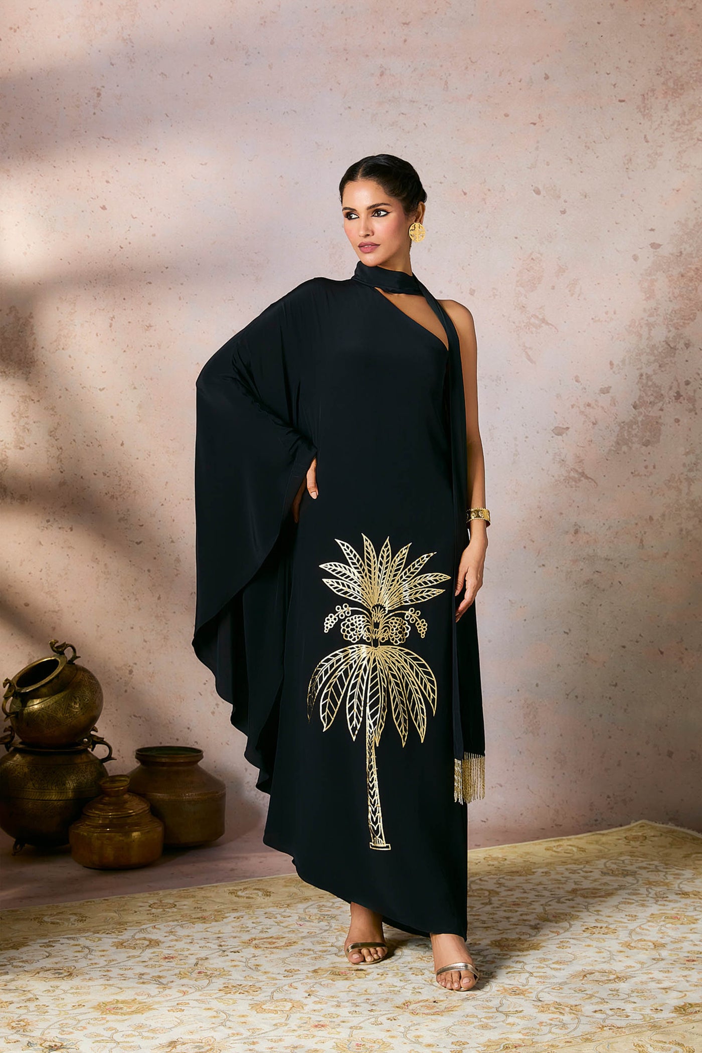 Masaba Black Tropical One Shoulder Kaftan indian designer wear online shopping melange singapore