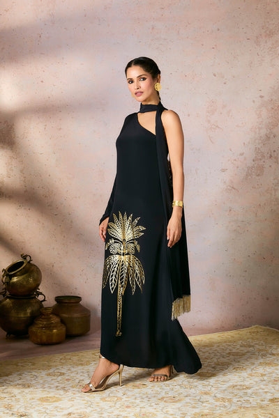 Masaba Black Tropical One Shoulder Kaftan indian designer wear online shopping melange singapore