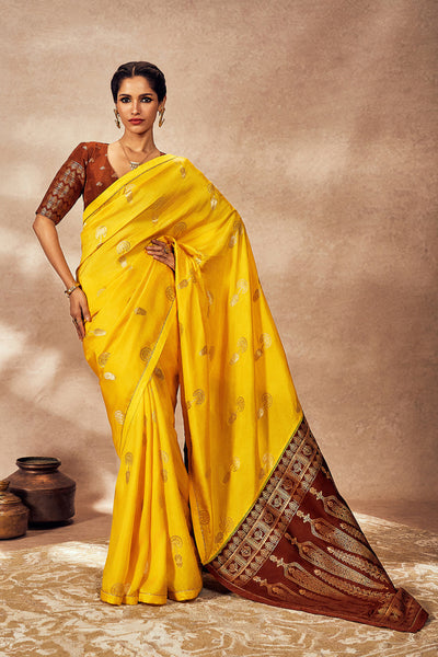 Masaba Brown And Yellow Jacquard Saree indian designer wear online shopping melange singapore