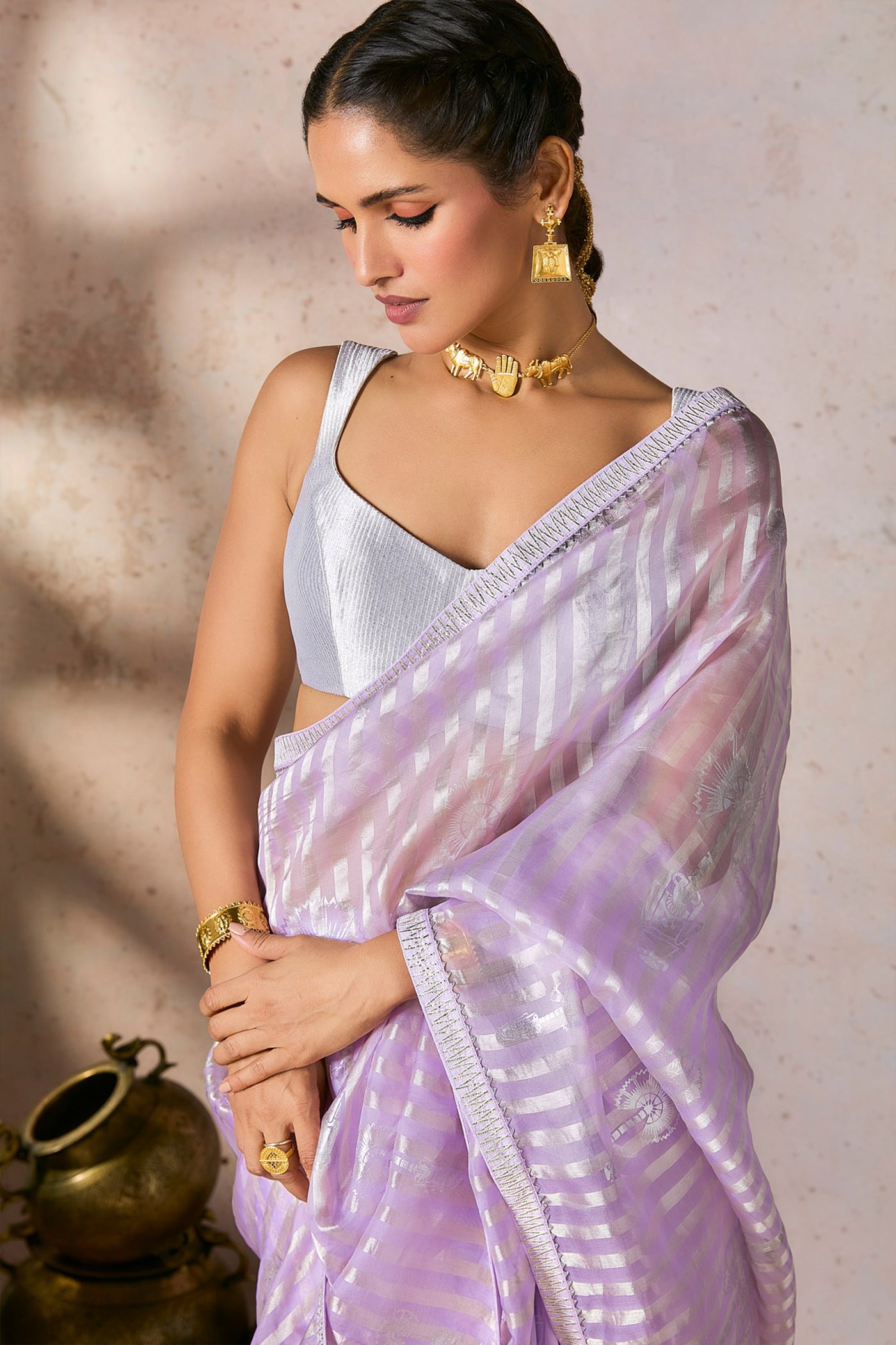 Masaba Lilac Striped Zari Saree indian designer wear online shopping melange singapore