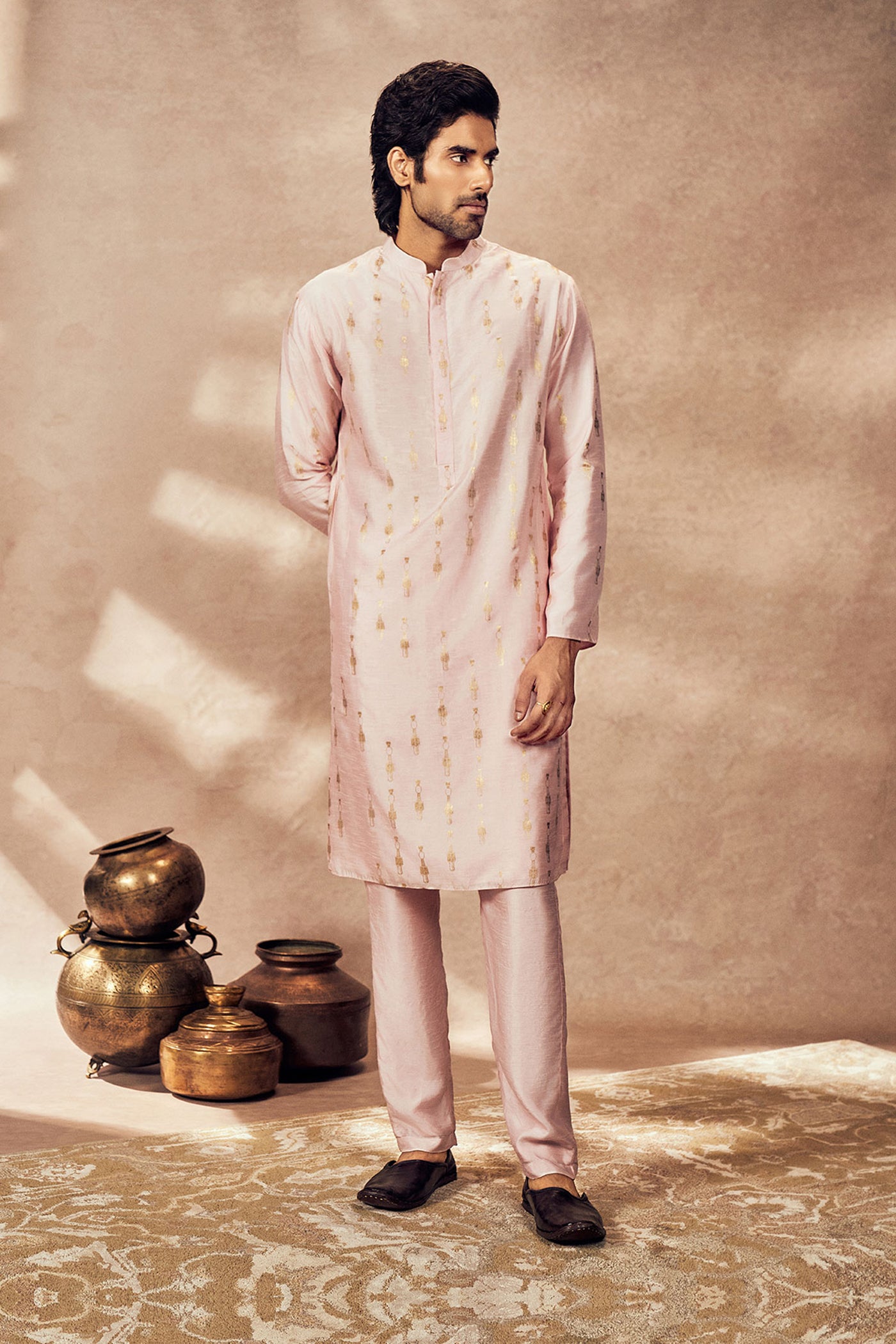 Masaba Menswear Baby Pink Tribal Pillar Kurta indian designer wear online shopping melange singapore