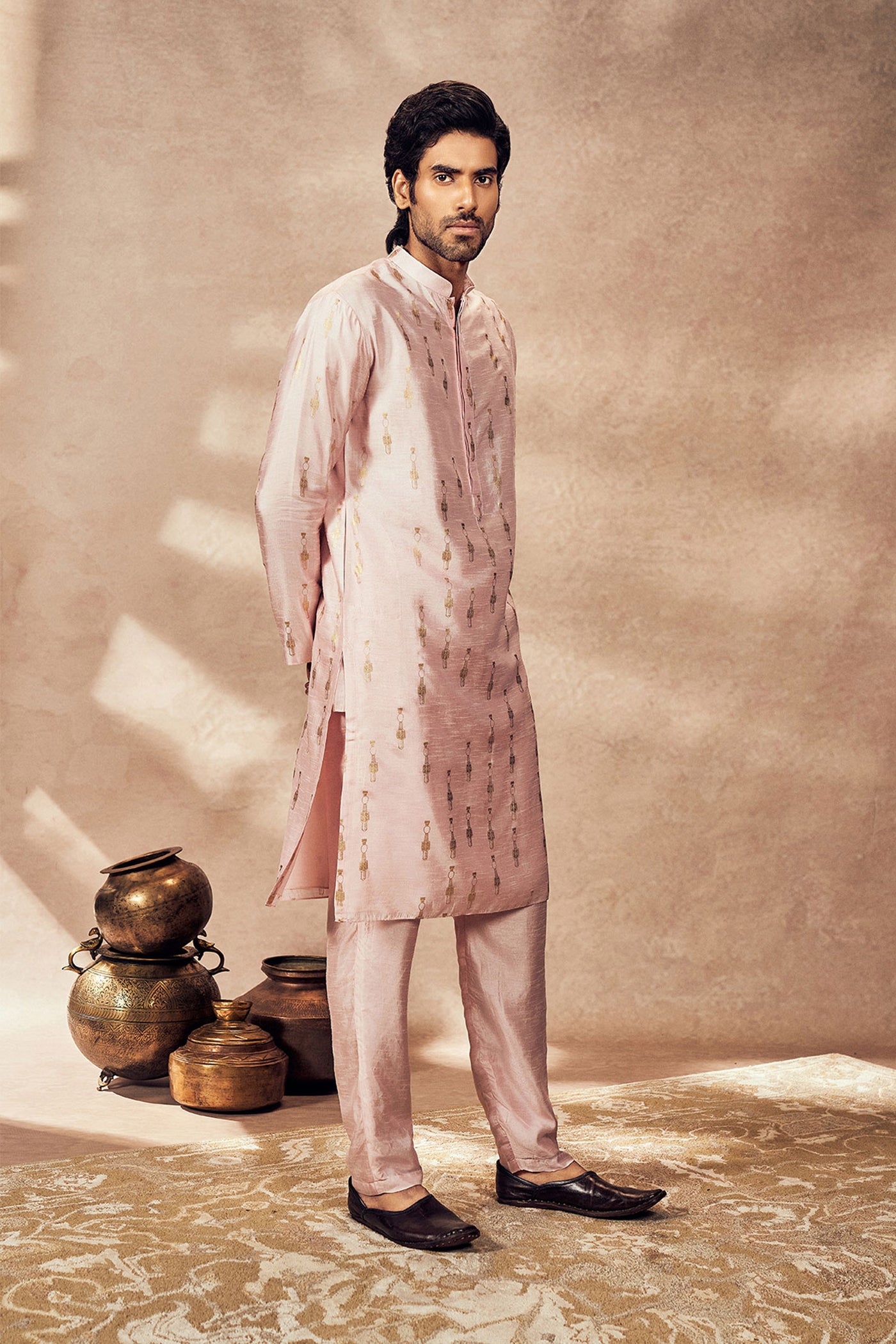 Masaba Menswear Baby Pink Tribal Pillar Kurta Set indian designer wear online shopping melange singapore