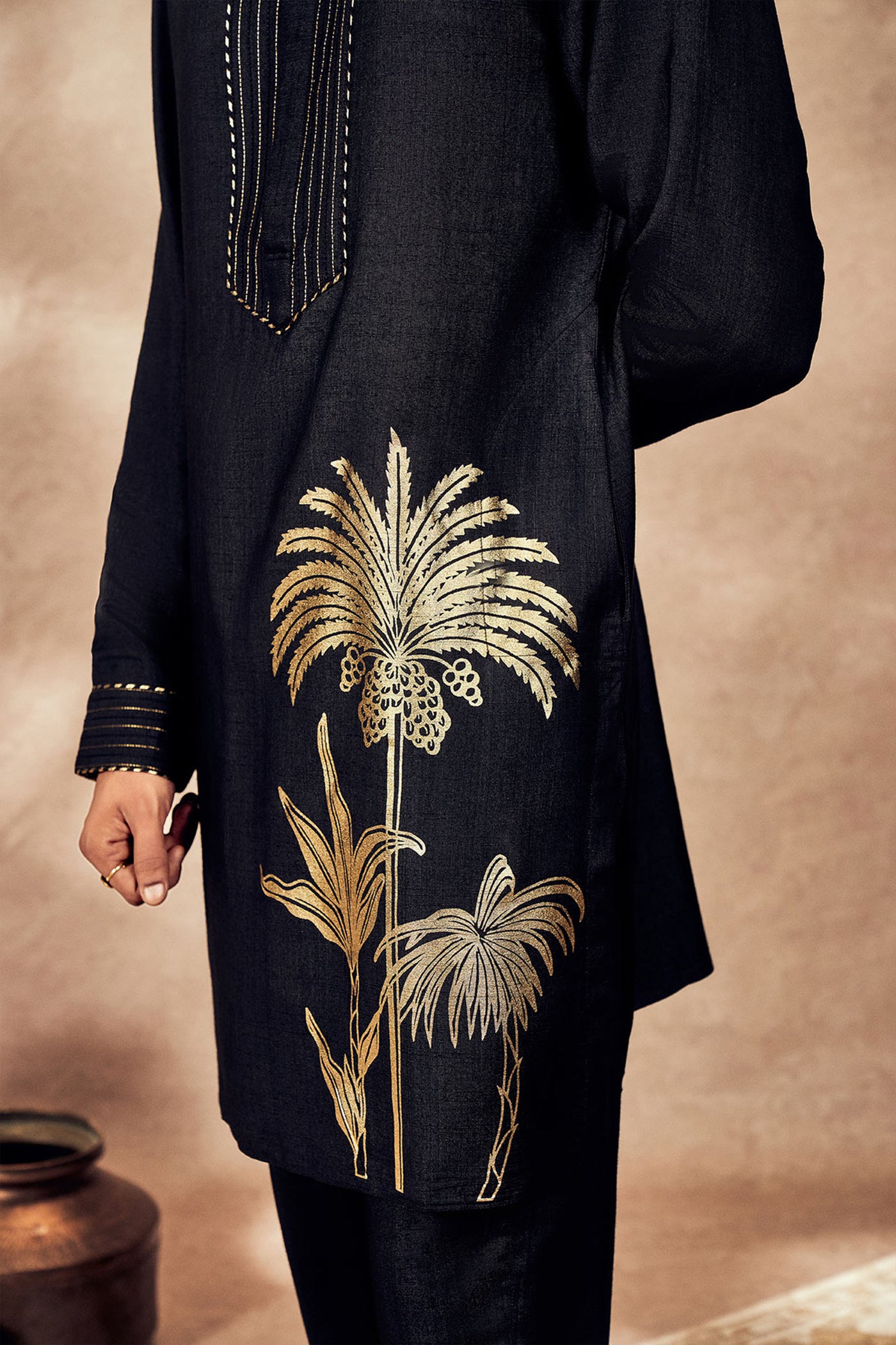 Masaba Menswear Black Palm Blooms Kurta indian designer wear online shopping melange singapore