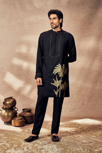 Masaba Menswear Black Palm Blooms Kurta indian designer wear online shopping melange singapore