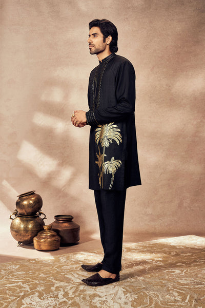 Masaba Menswear Black Palm Blooms Kurta Set indian designer wear online shopping melange singapore