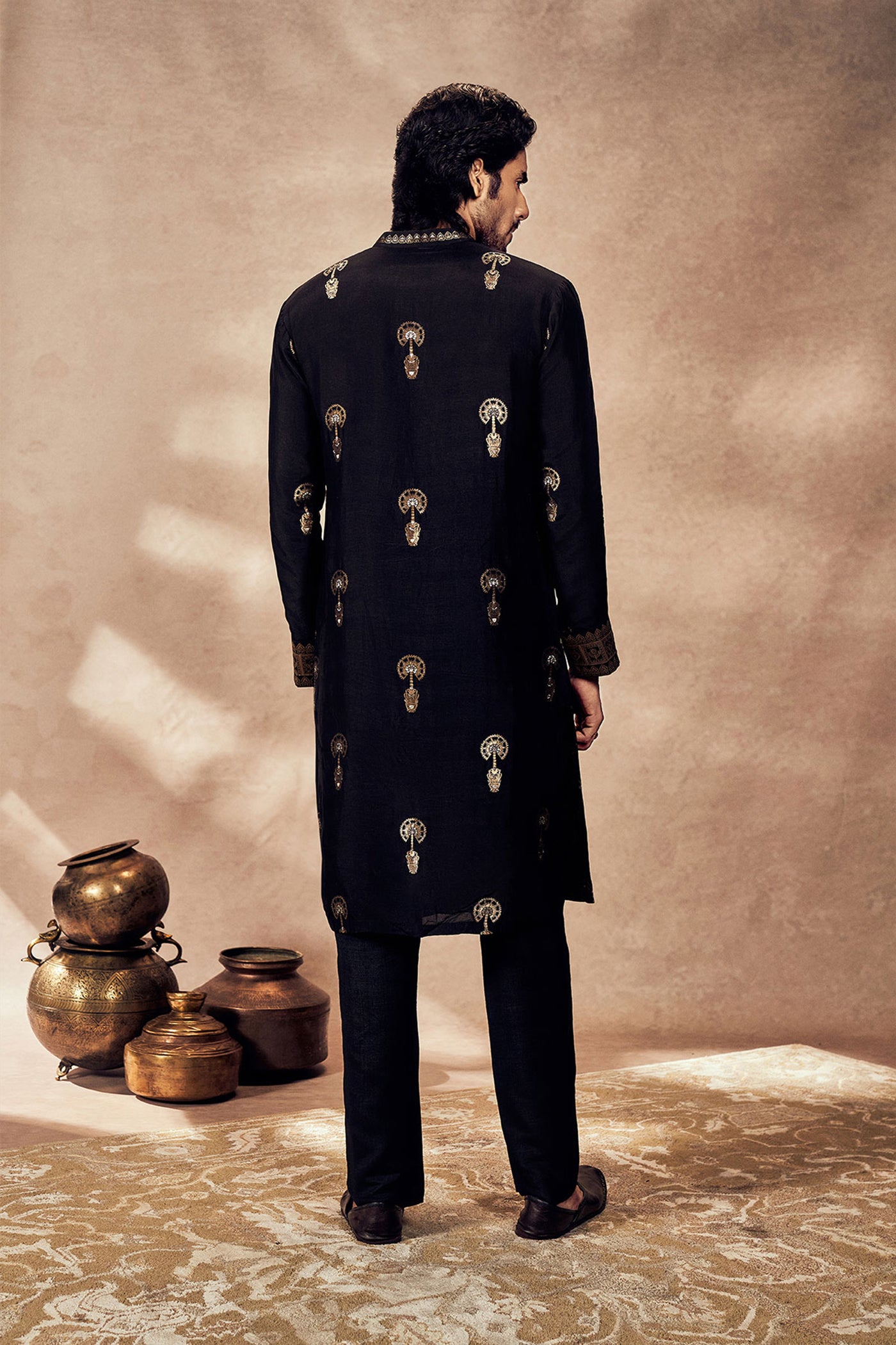 Masaba Menswear Black Traveller's Palm Jacquard Kurta Set indian designer wear online shopping melange singapore