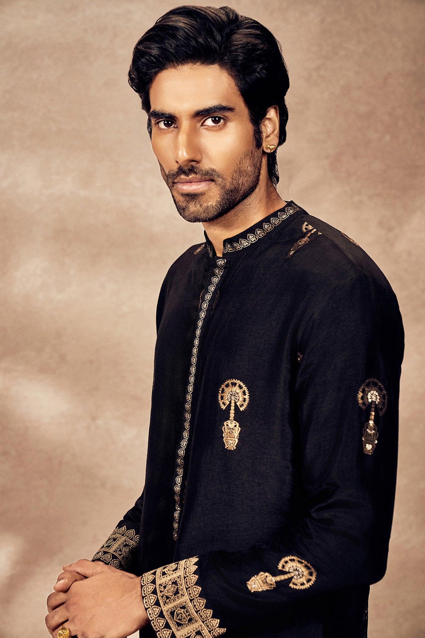 Masaba Menswear Black Traveller's Palm Jacquard Kurta Set indian designer wear online shopping melange singapore