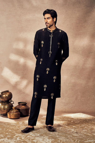 Masaba Menswear Black Traveller's Palm Jacquard Kurta Set indian designer wear online shopping melange singapore