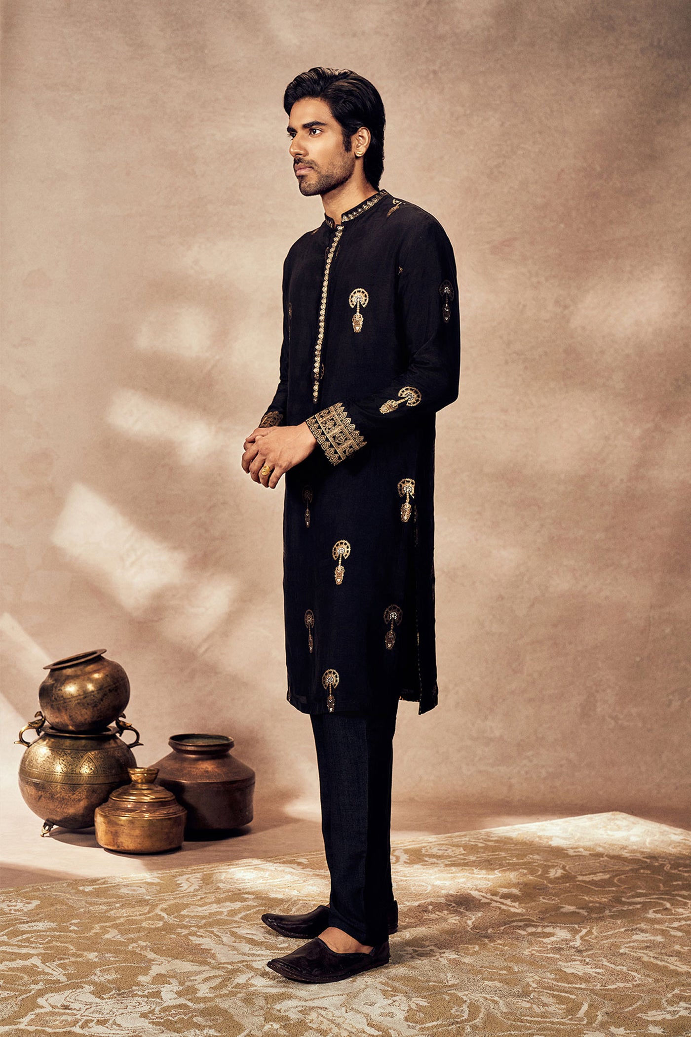 Masaba Menswear Black Traveller's Palm Jacquard Kurta Set indian designer wear online shopping melange singapore