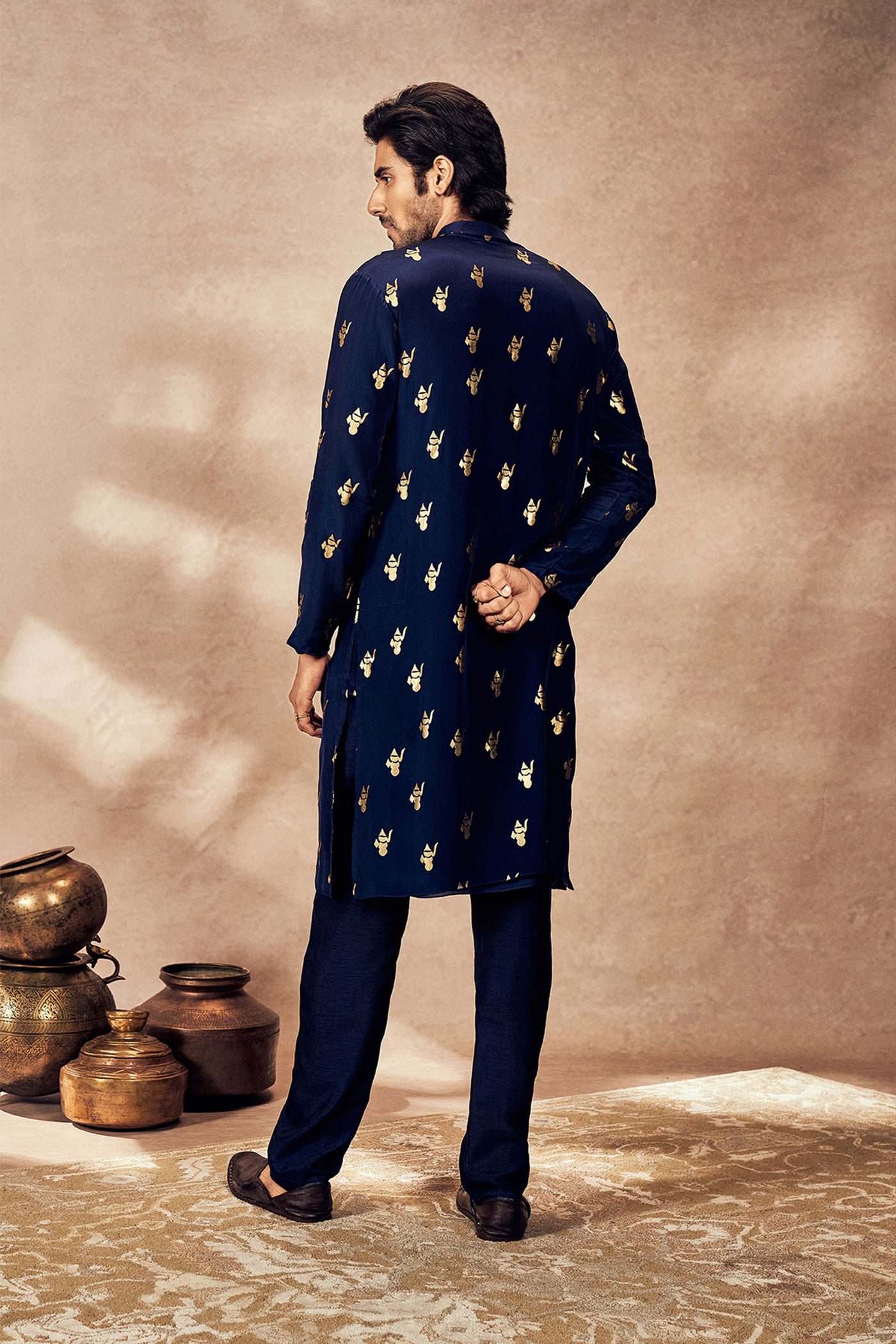 Masaba Menswear Blue Ganesha Foil Kurta indian designer wear online shopping melange singapore