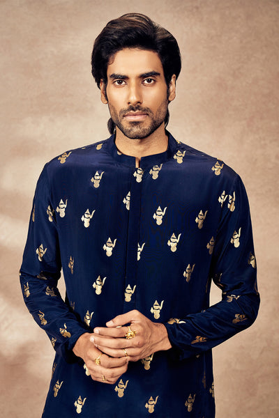 Masaba Menswear Blue Ganesha Foil Kurta indian designer wear online shopping melange singapore