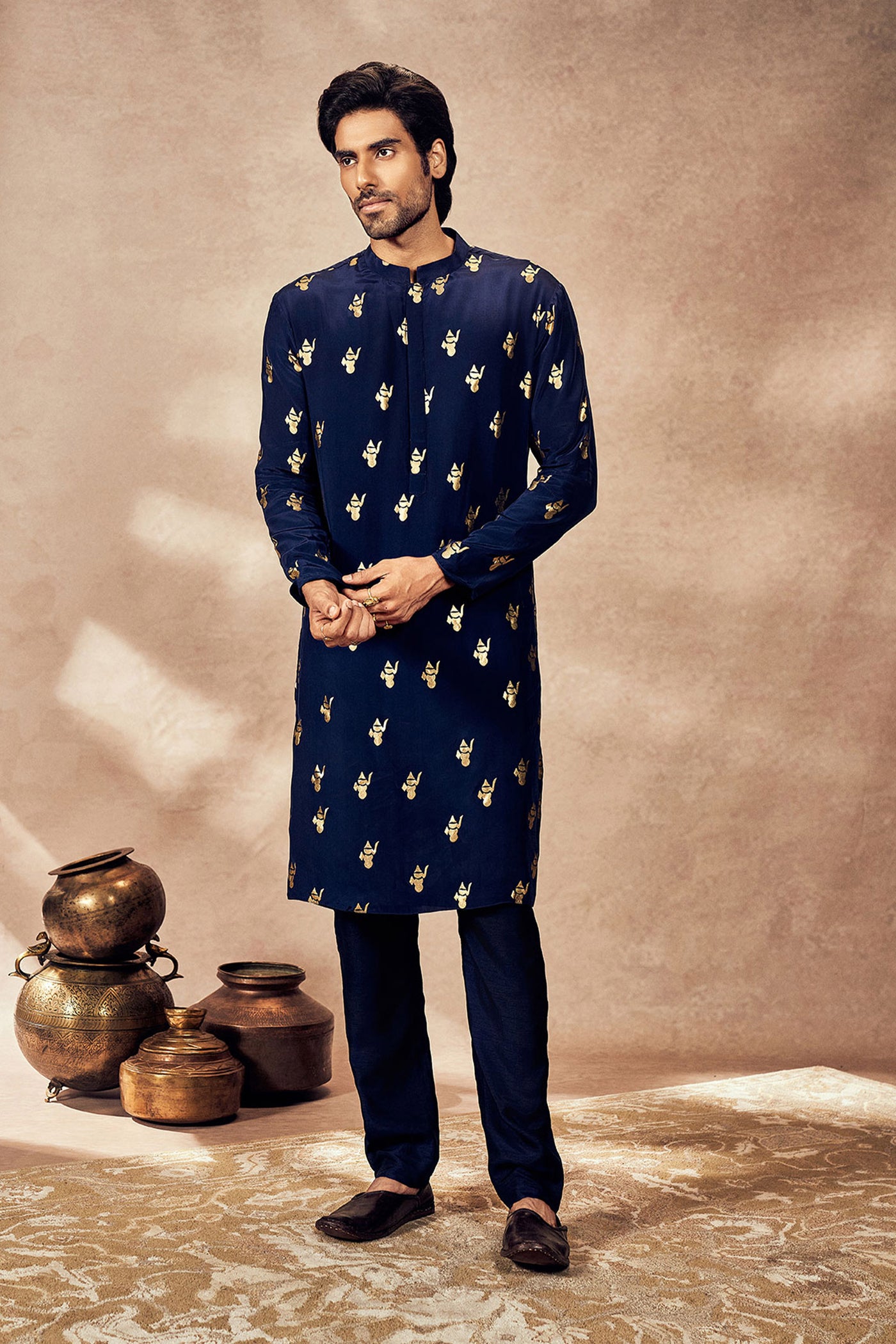 Masaba Menswear Blue Ganesha Foil Kurta indian designer wear online shopping melange singapore